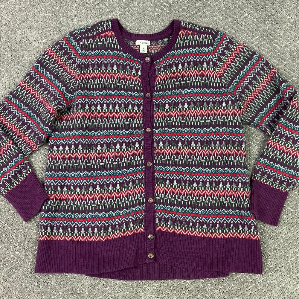 LL Bean Cardigan Sweater Women's Medium Petite Fair Isle Cotton Cashmere Blend